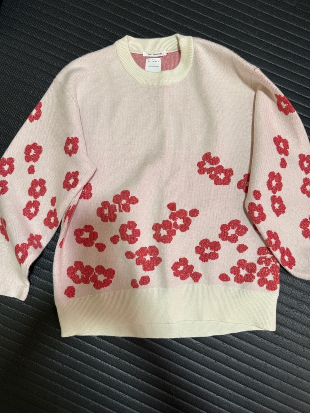 Zara Pink Crewneck Sweater with Red Floral Jacquard
